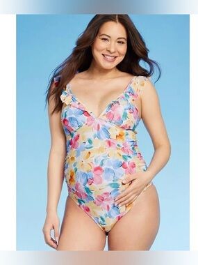 Swimsuit, Maternity Women's Ruffle Sleeve One Piece Swimsuit, Floral XL